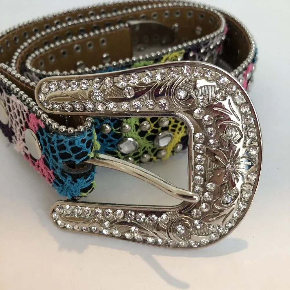 Nocona N4410897-28 Girls Brown Multicolor Silver Leather Rhinestone Studded Belt